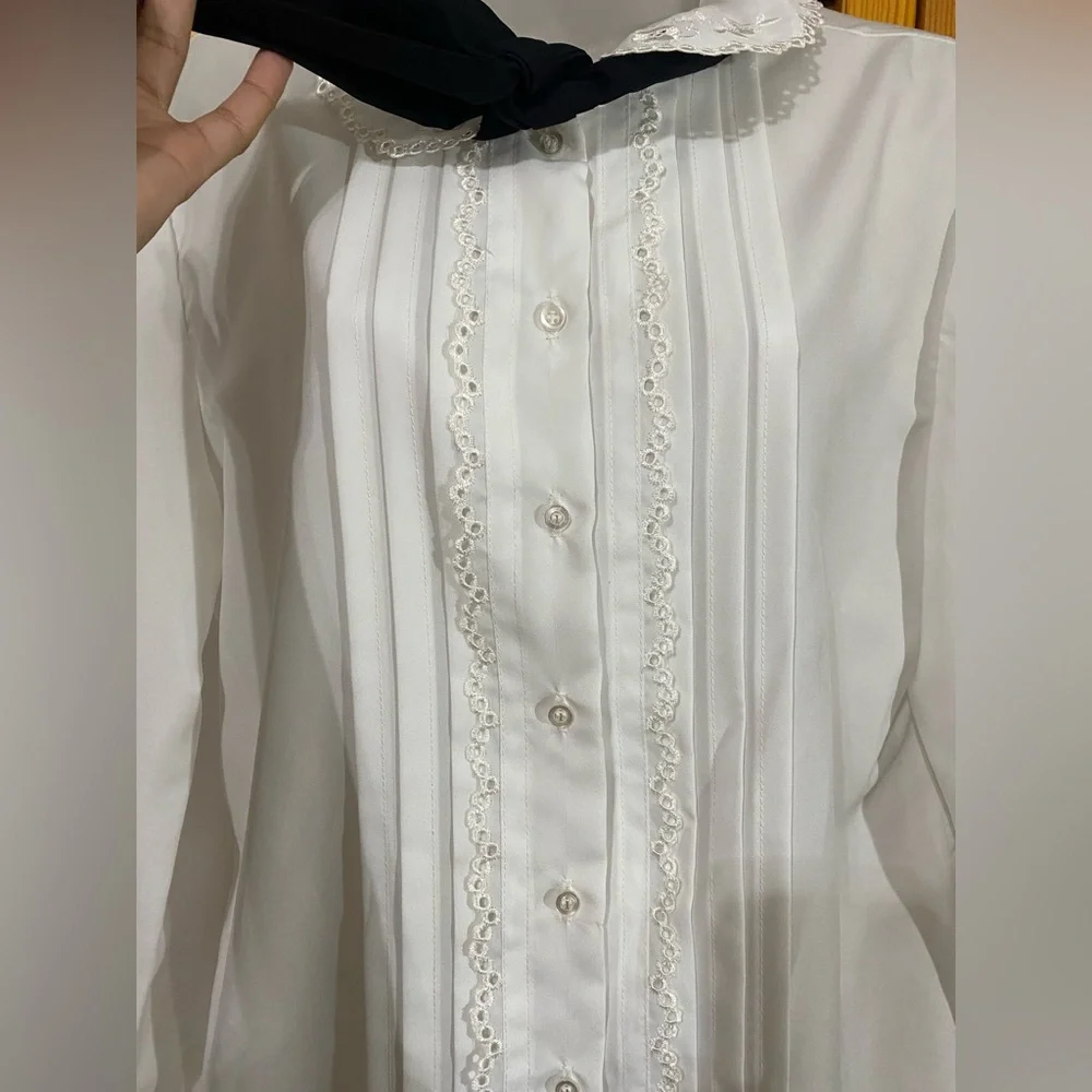 Vintage Rhoda Lee: Semi-sheer, button-up top with black bow - Picture 7 of 11